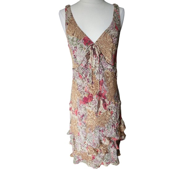 Vintage Dressbarn  Babydoll Silk Midi Dress Womens 14 Y2K Brown Floral Tiered - Picture 1 of 7